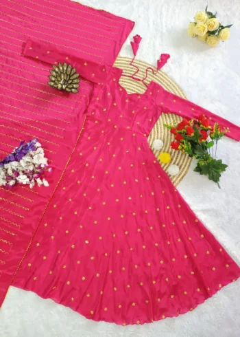 Smooth Chinon Silk Zari Sequence Embroidery Work Designer Gown