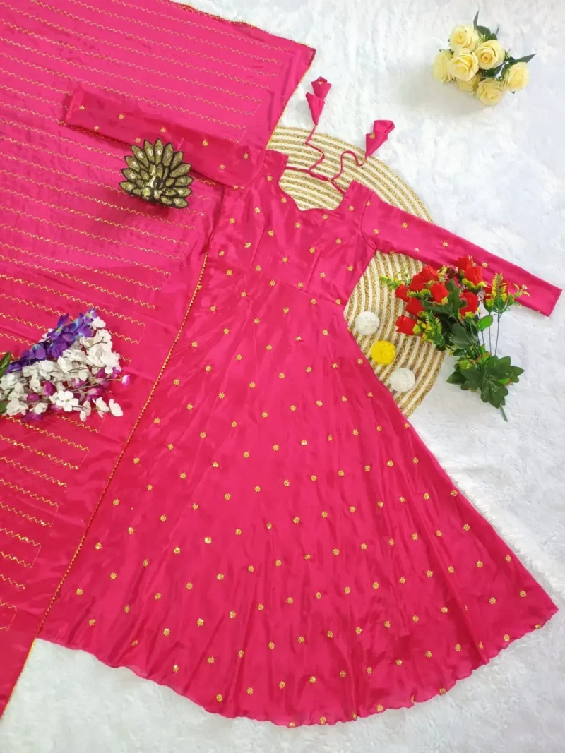 Smooth Chinon Silk Zari Sequence Embroidery Work Designer Gown