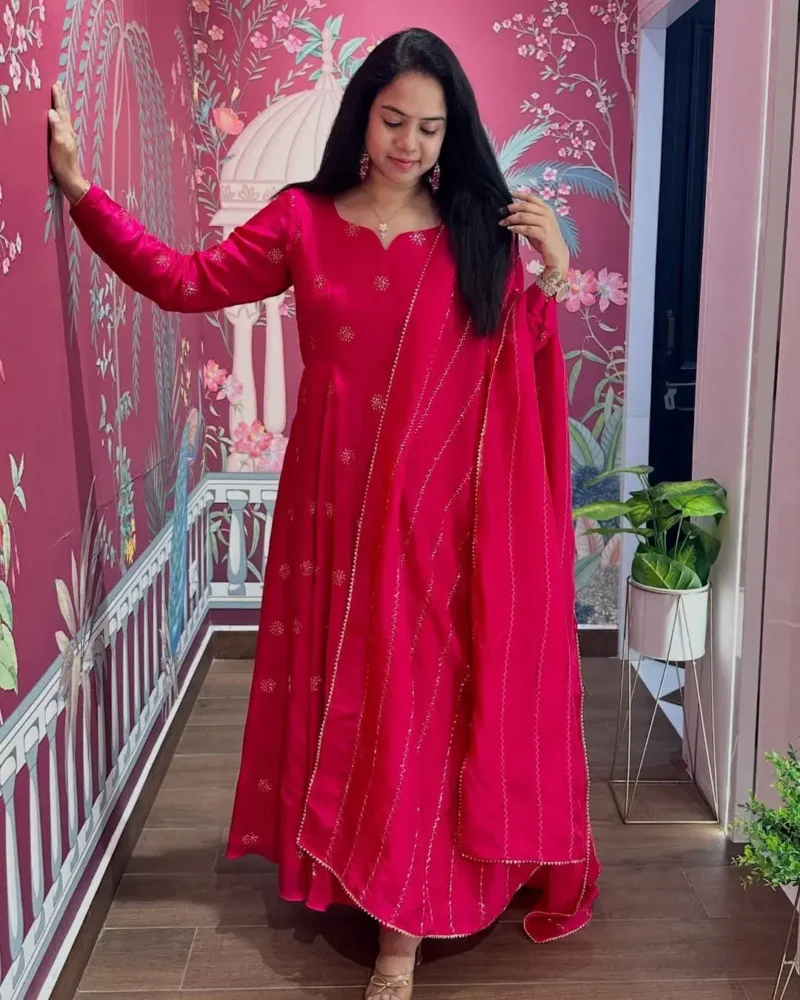 Smooth Chinon Silk Zari Sequence Embroidery Work Designer Gown