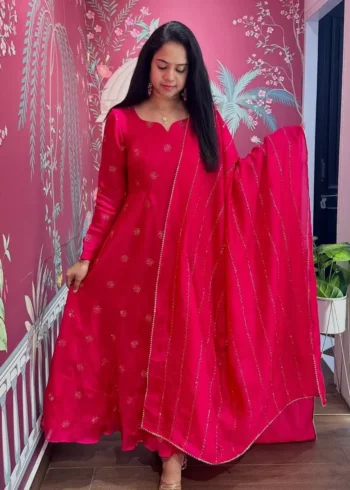 Smooth Chinon Silk Zari Sequence Embroidery Work Designer Gown