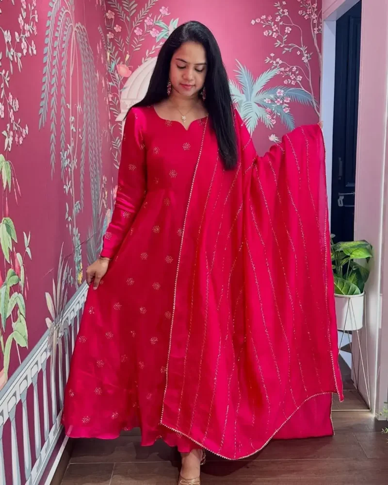 Smooth Chinon Silk Zari Sequence Embroidery Work Designer Gown