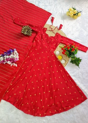Smooth Chinon Silk Zari Sequence Embroidery Work Designer Gown