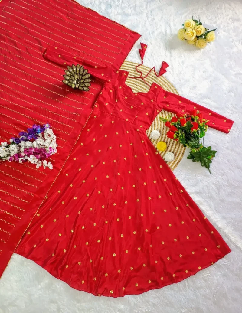 Smooth Chinon Silk Zari Sequence Embroidery Work Designer Gown