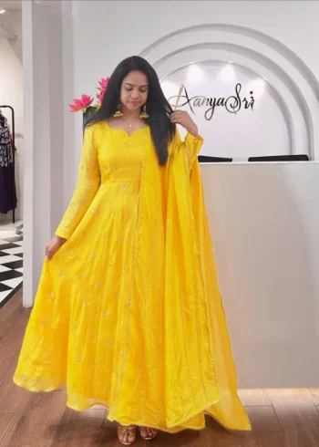 Smooth Chinon Silk Zari Sequence Embroidery Work Designer Gown