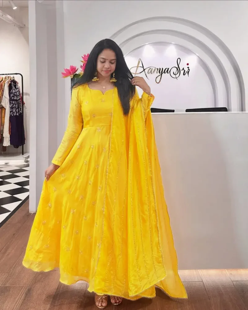 Smooth Chinon Silk Zari Sequence Embroidery Work Designer Gown