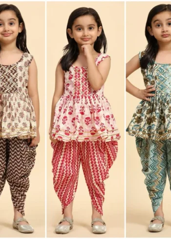 Soft Cotton Designer Kids Girls Dhoti Kurta Set
