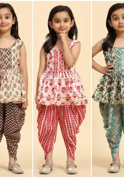 Soft Cotton Designer Kids Girls Dhoti Kurta Set