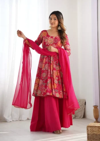 Soft Roman Silk Chanderi Printed Kediya Kurta With Palazzo