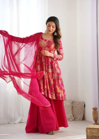 Soft Roman Silk Chanderi Printed Kediya Kurta With Palazzo