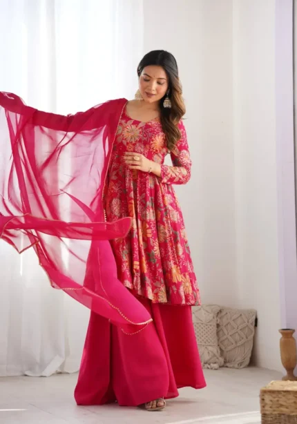 Soft Roman Silk Chanderi Printed Kediya Kurta With Palazzo