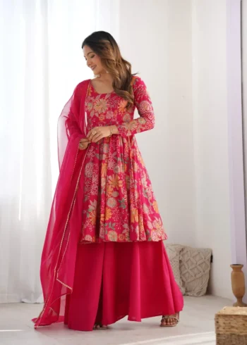 Soft Roman Silk Chanderi Printed Kediya Kurta With Palazzo