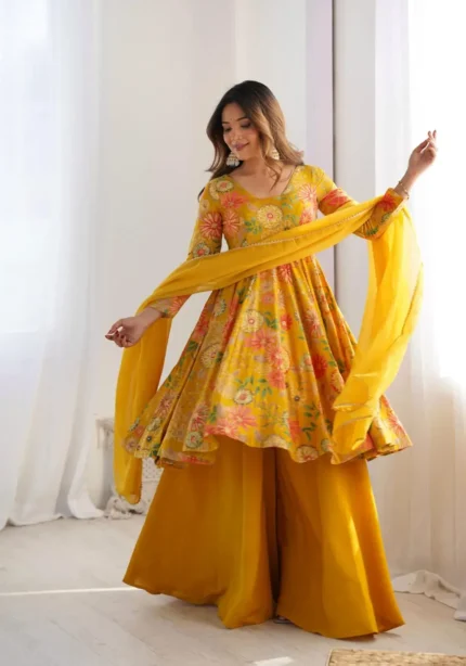 Soft Roman Silk Chanderi Printed Kediya Kurta With Palazzo