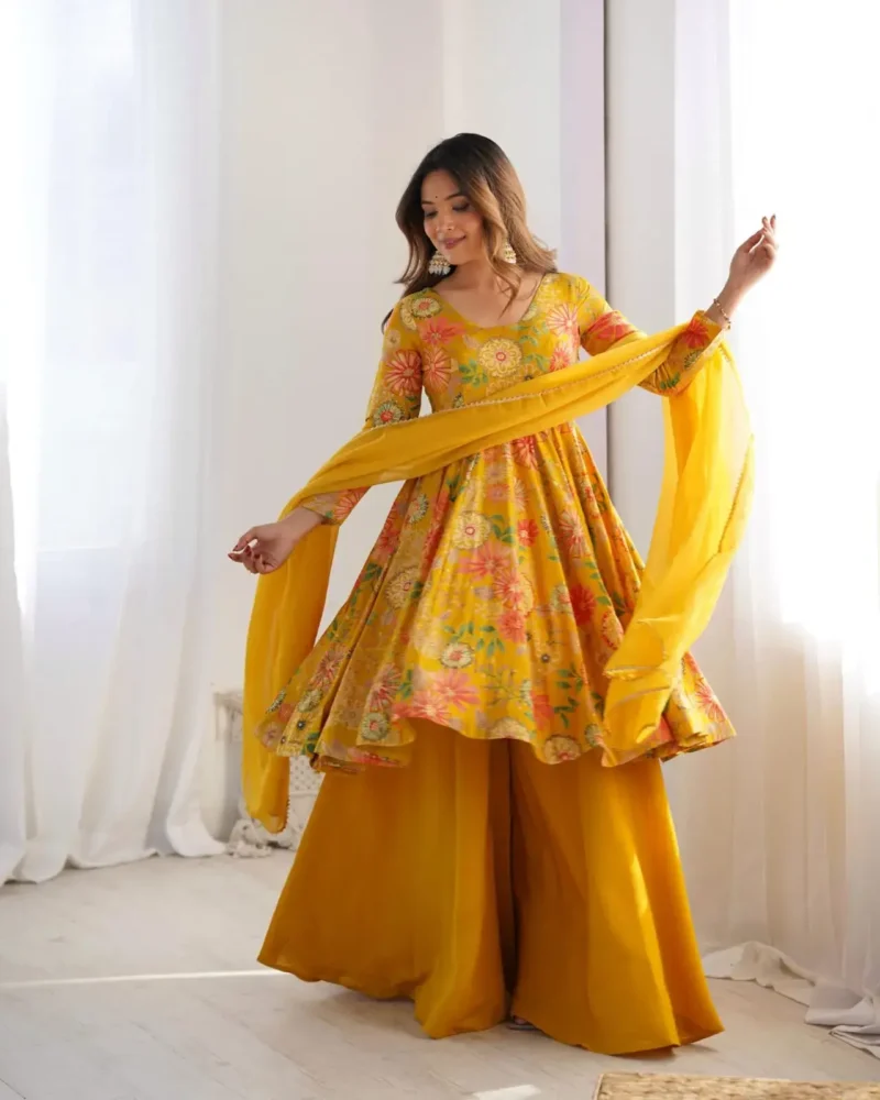 Soft Roman Silk Chanderi Printed Kediya Kurta With Palazzo