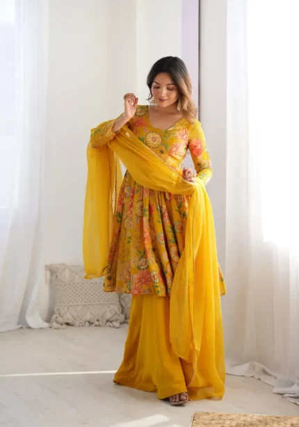 Soft Roman Silk Chanderi Printed Kediya Kurta With Palazzo