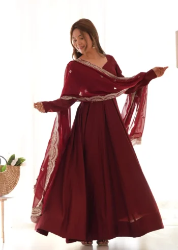 Pure Roman Silk Fully Flair Kali Pattern Anarkali Plain Gown