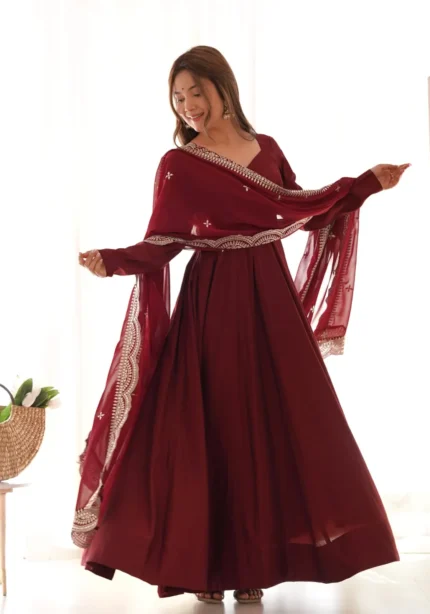 Pure Roman Silk Fully Flair Kali Pattern Anarkali Plain Gown