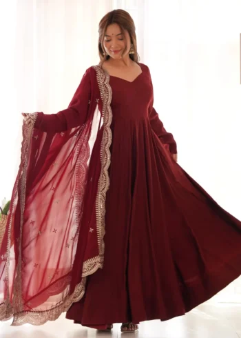 Pure Roman Silk Fully Flair Kali Pattern Anarkali Plain Gown
