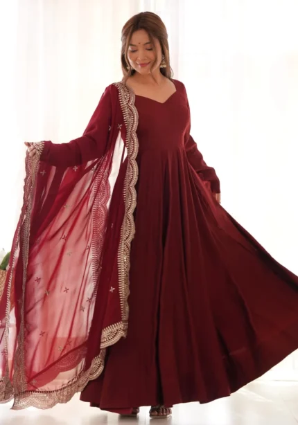 Pure Roman Silk Fully Flair Kali Pattern Anarkali Plain Gown