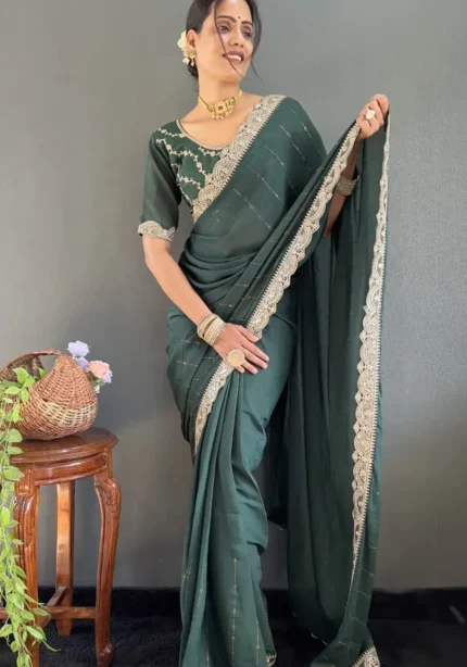 Star Georgette Silk Heavy Lace Swarovski Work Pre Draped Saree