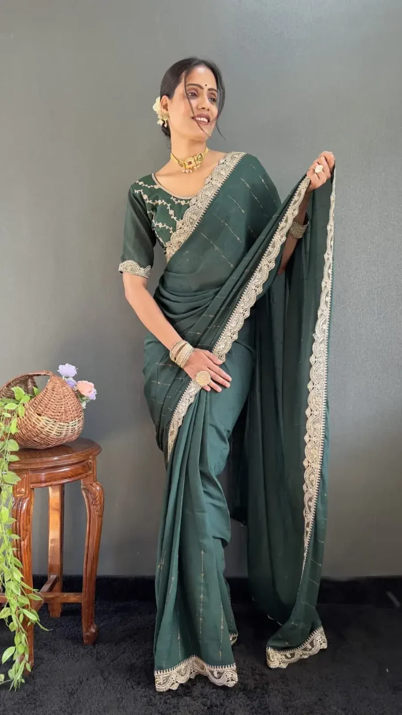Star Georgette Silk Heavy Lace Swarovski Work Pre Draped Saree