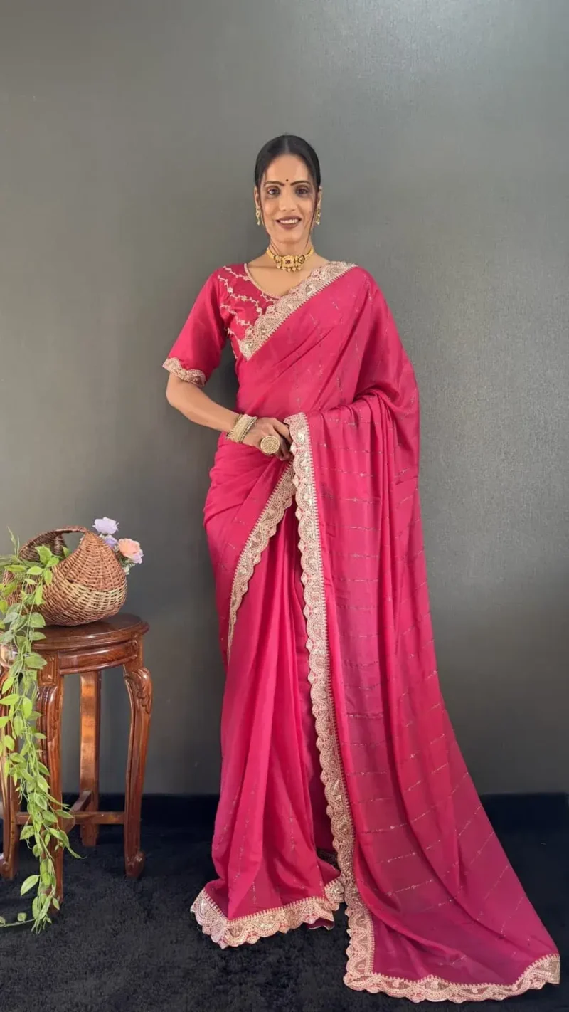 Star Georgette Silk Heavy Lace Swarovski Work Pre Draped Saree
