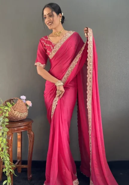 Star Georgette Silk Heavy Lace Swarovski Work Pre Draped Saree