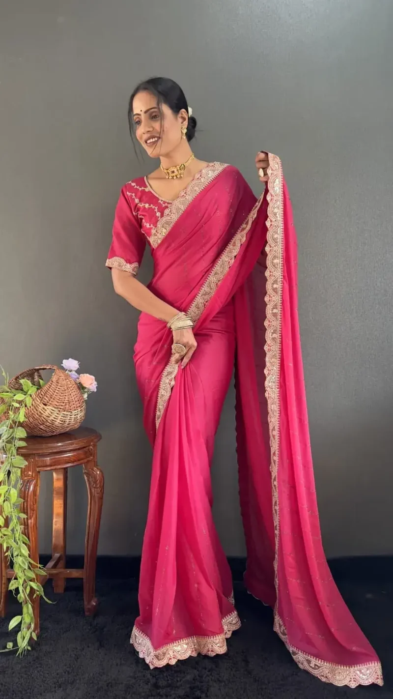 Star Georgette Silk Heavy Lace Swarovski Work Pre Draped Saree