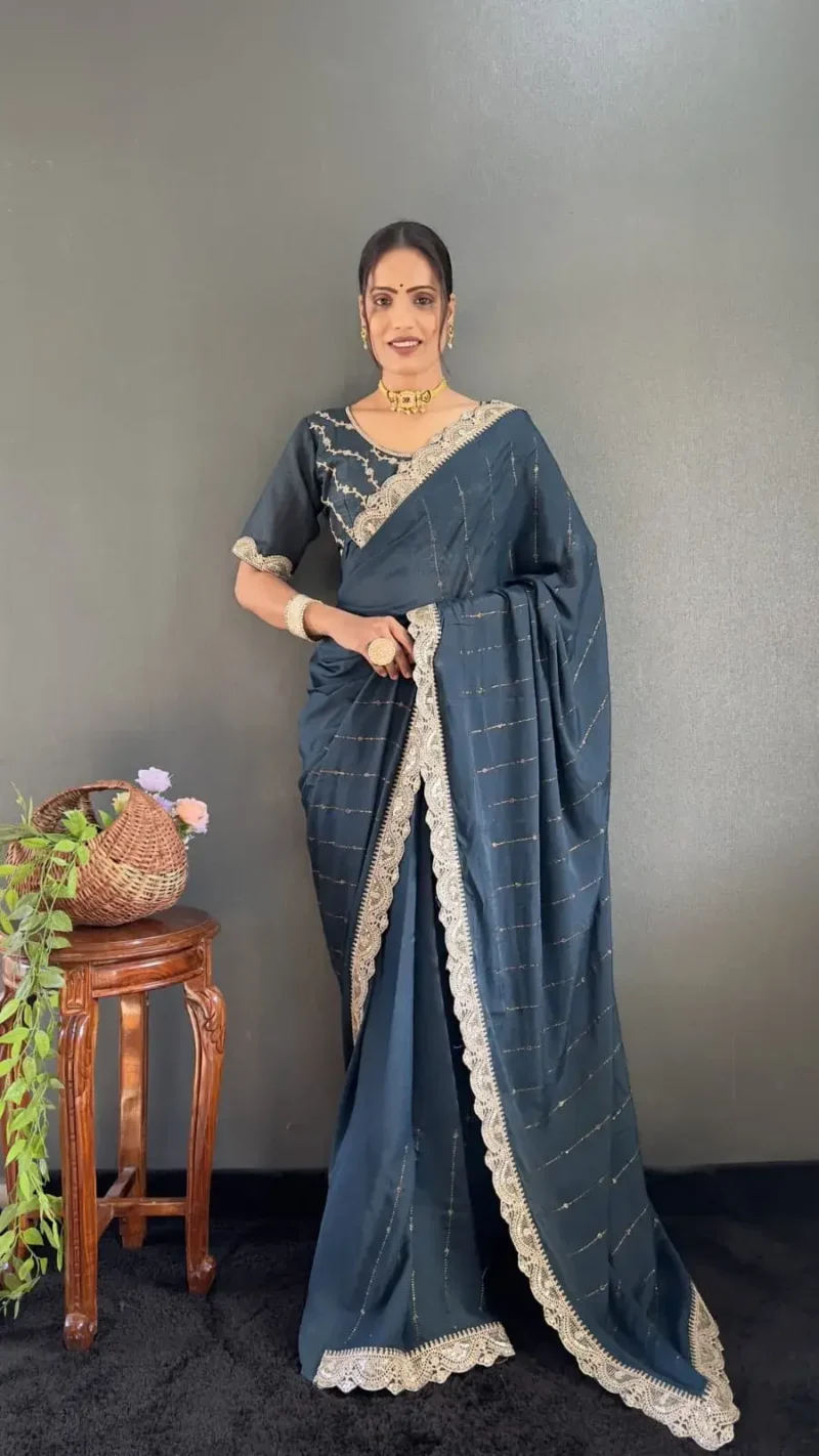 Star Georgette Silk Heavy Lace Swarovski Work Pre Draped Saree