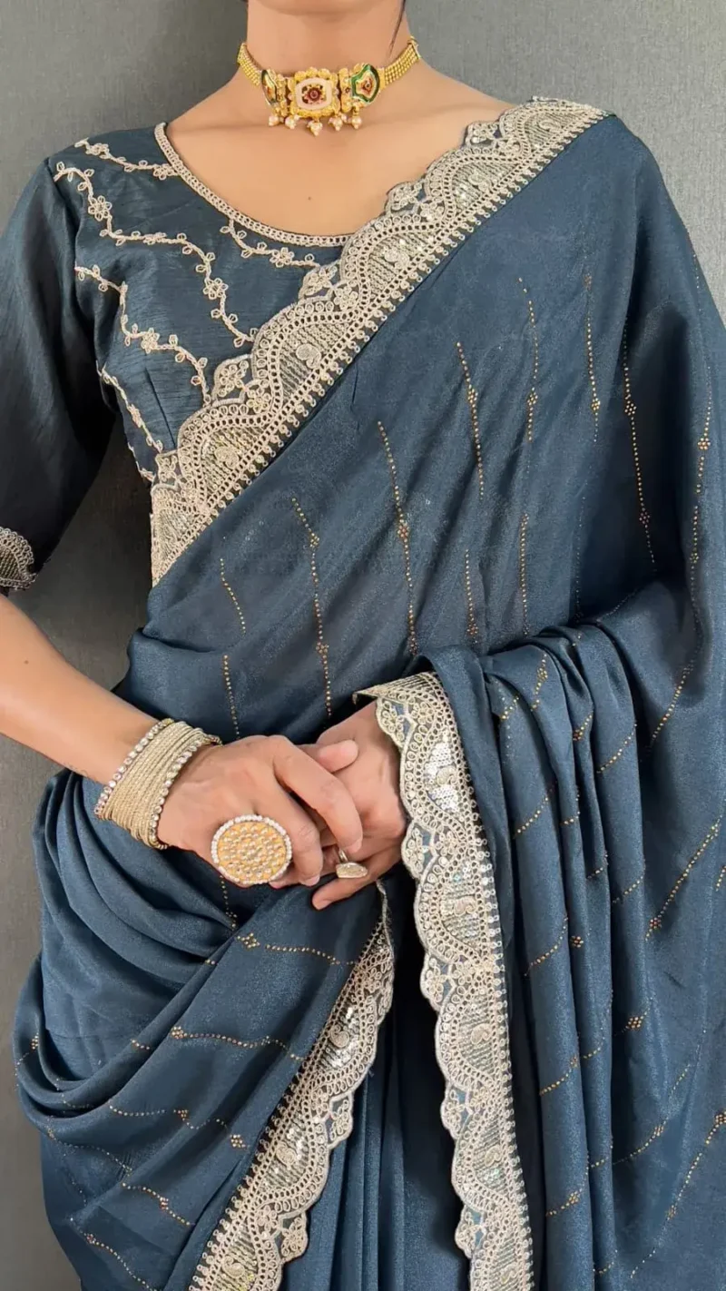 Star Georgette Silk Heavy Lace Swarovski Work Pre Draped Saree