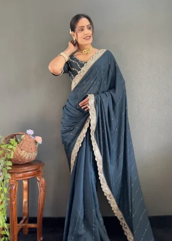 Star Georgette Silk Heavy Lace Swarovski Work Pre Draped Saree