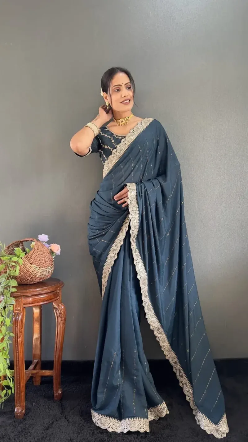 Star Georgette Silk Heavy Lace Swarovski Work Pre Draped Saree