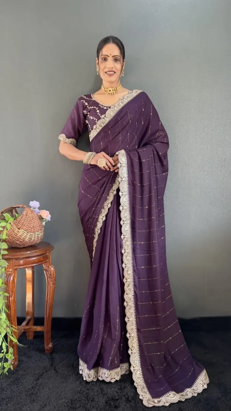 Star Georgette Silk Heavy Lace Swarovski Work Pre Draped Saree
