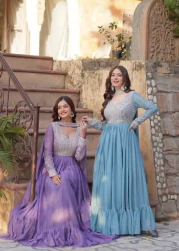 Star Georgette With Embroidery Beads Sequins Work Designer Readymade Gown