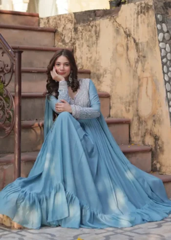 Star Georgette With Embroidery Beads Sequins Work Designer Readymade Gown