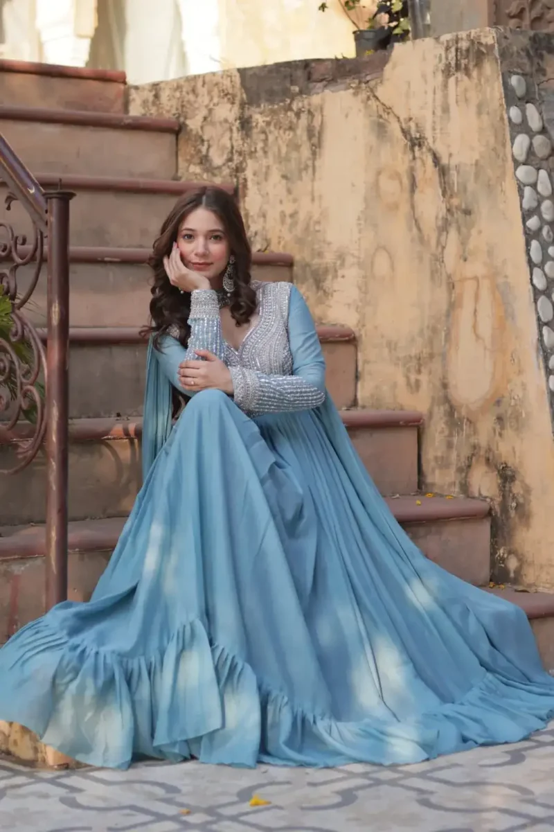 Star Georgette With Embroidery Beads Sequins Work Designer Readymade Gown