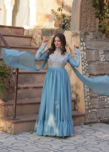 Star Georgette With Embroidery Beads Sequins Work Designer Readymade Gown