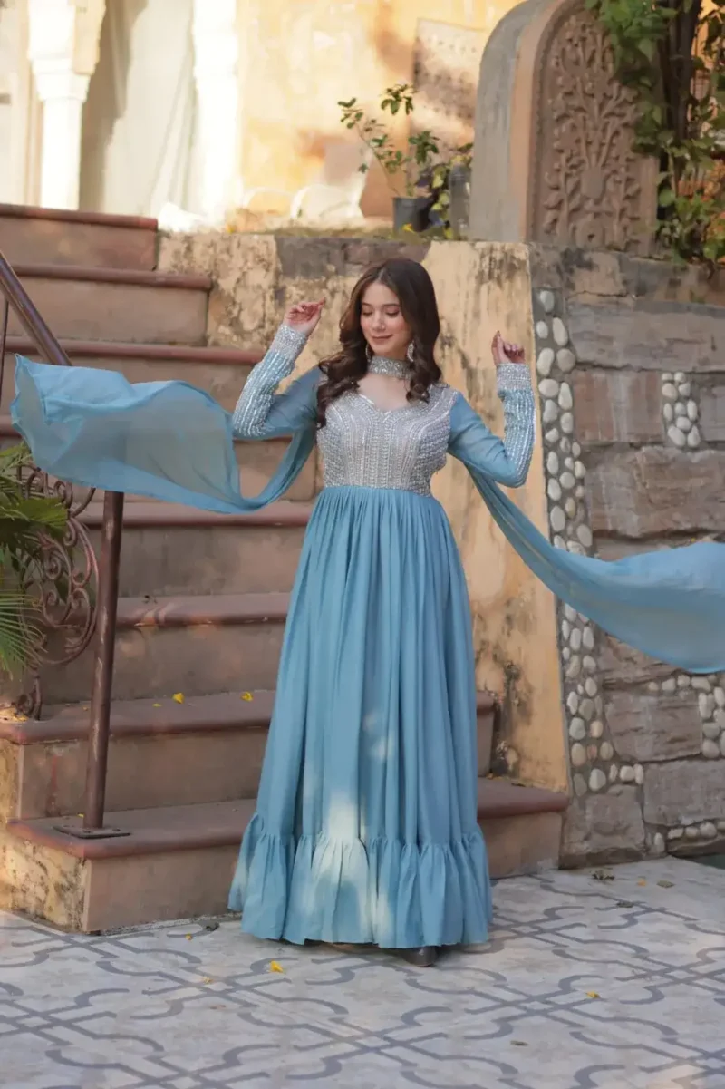 Star Georgette With Embroidery Beads Sequins Work Designer Readymade Gown