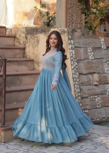 Star Georgette With Embroidery Beads Sequins Work Designer Readymade Gown