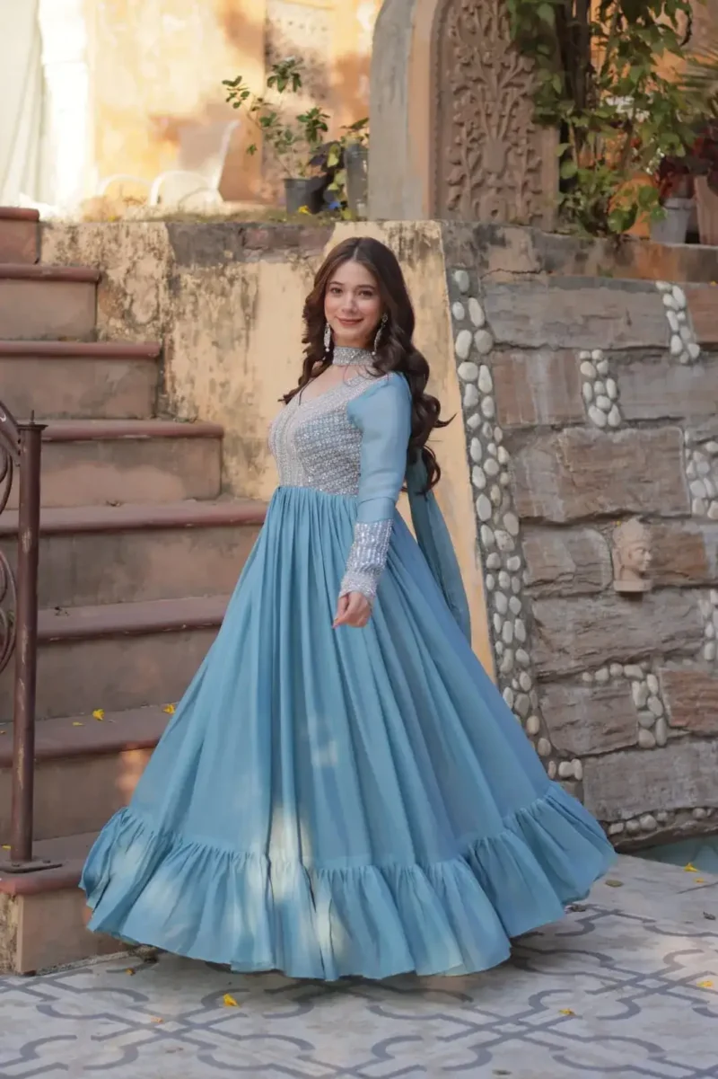 Star Georgette With Embroidery Beads Sequins Work Designer Readymade Gown