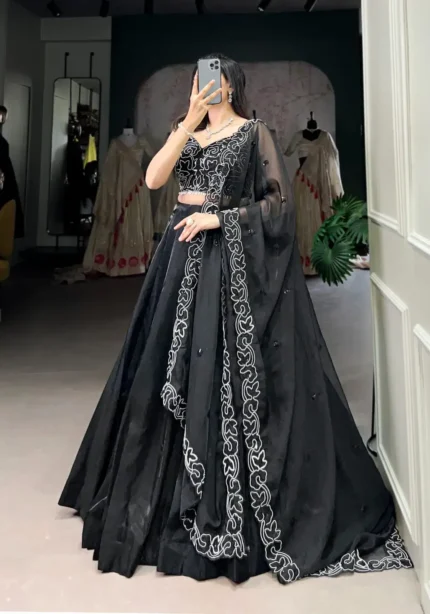 Star Satin Black Designer Party Wear Lehenga With Embroidered Blouse