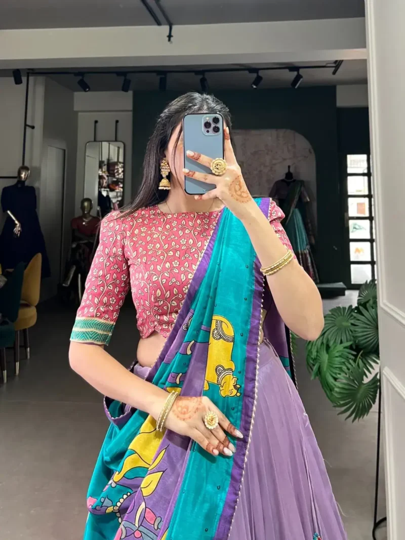 Tussar Silk Foil Work Kalamkari South Indian Pattu Lehenga Choli