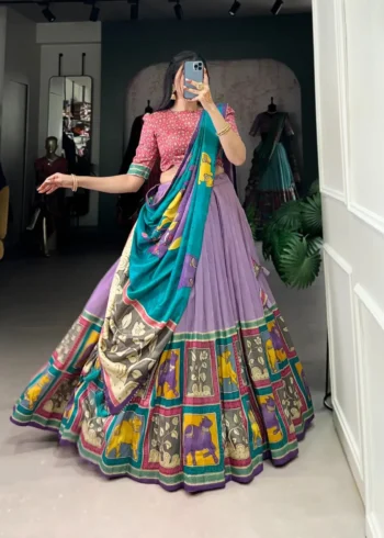Tussar Silk Foil Work Kalamkari South Indian Pattu Lehenga Choli
