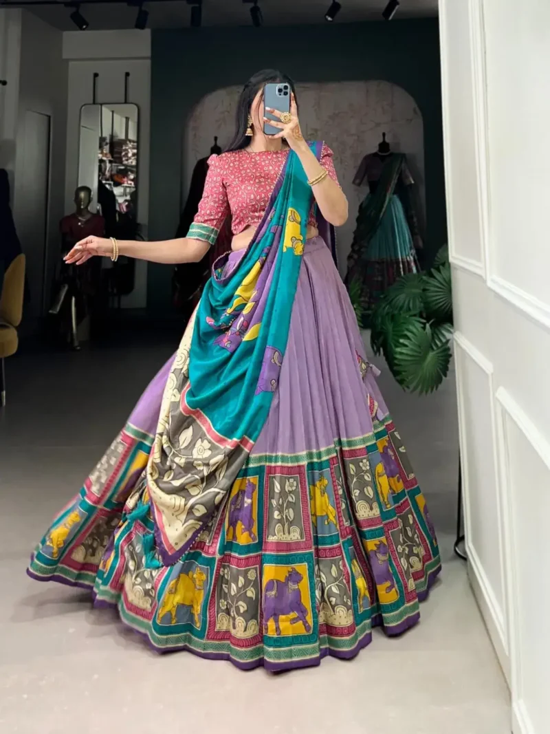 Tussar Silk Foil Work Kalamkari South Indian Pattu Lehenga Choli