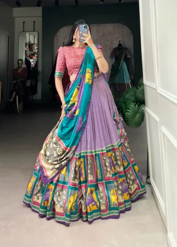 Tussar Silk Foil Work Kalamkari South Indian Pattu Lehenga Choli