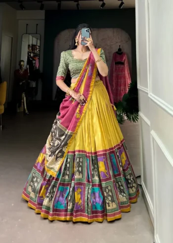 Tussar Silk Foil Work Kalamkari South Indian Pattu Lehenga Choli