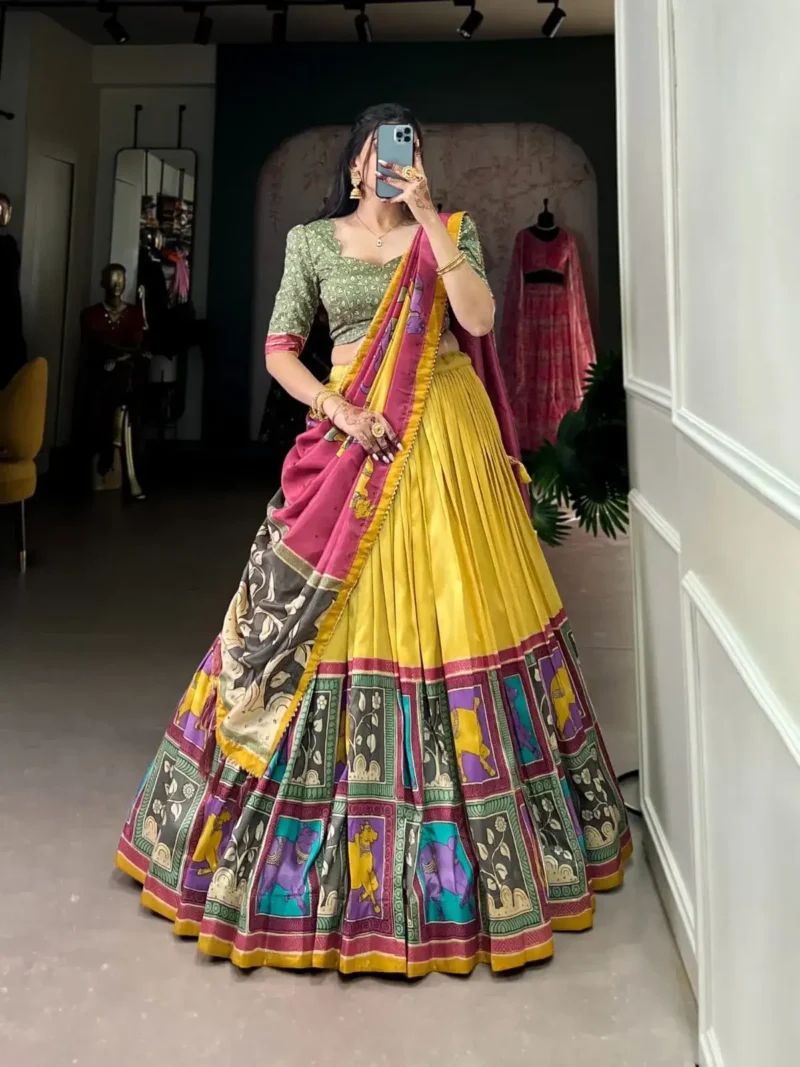 Tussar Silk Foil Work Kalamkari South Indian Pattu Lehenga Choli