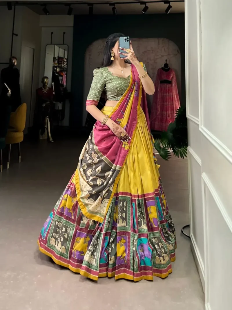Tussar Silk Foil Work Kalamkari South Indian Pattu Lehenga Choli