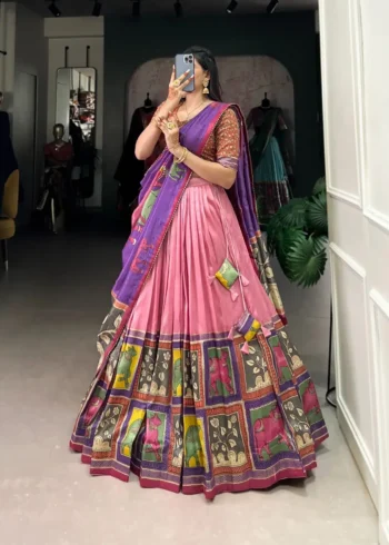 Tussar Silk Foil Work Kalamkari South Indian Pattu Lehenga Choli