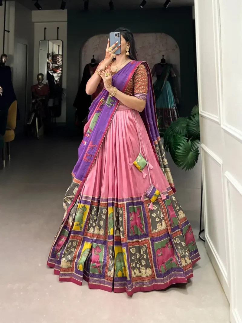 Tussar Silk Foil Work Kalamkari South Indian Pattu Lehenga Choli