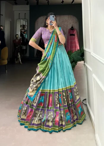 Tussar Silk Foil Work Kalamkari South Indian Pattu Lehenga Choli